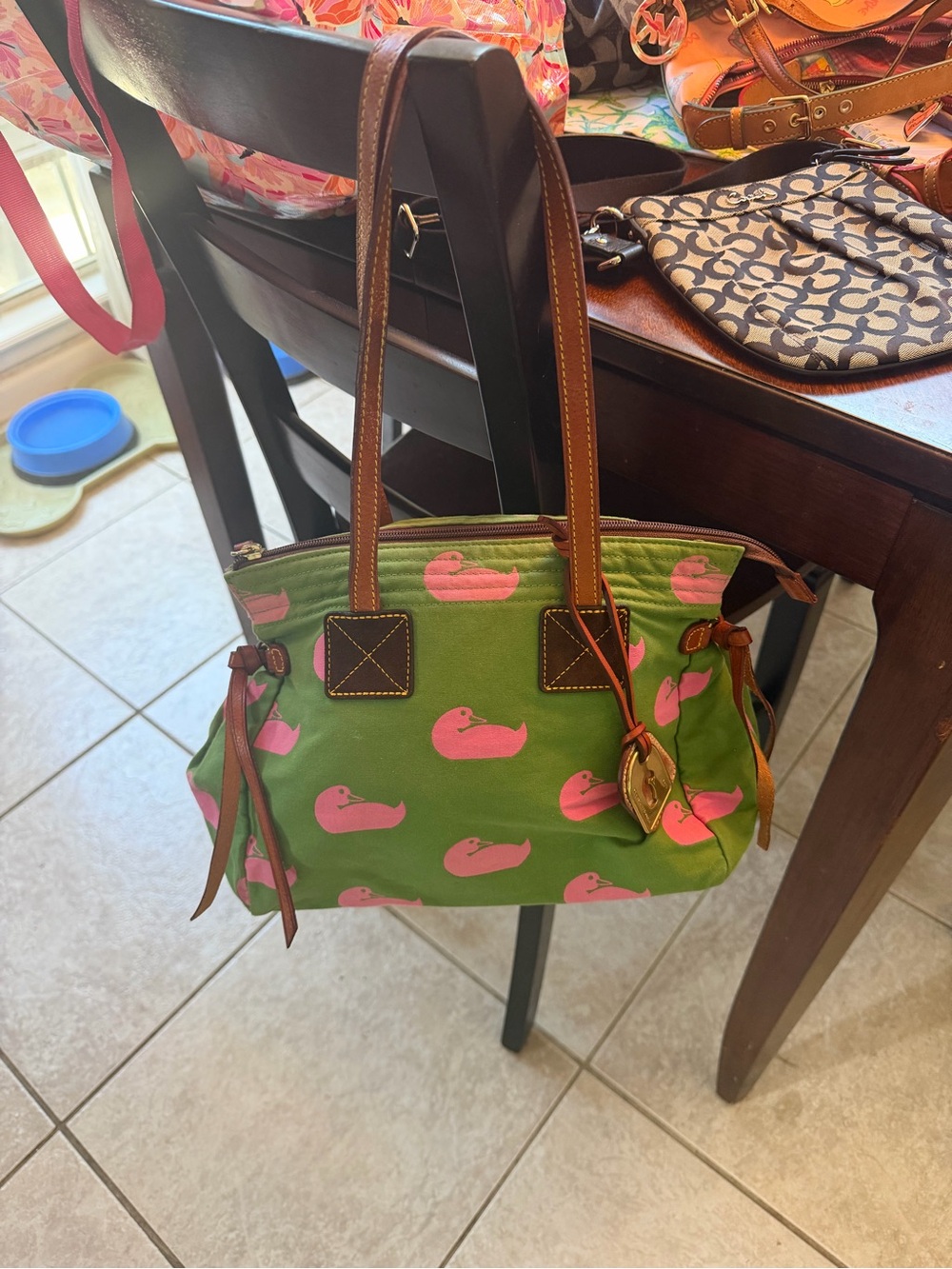 Dooney & Bourke Green Shoulder Bag with Pink Duck Print